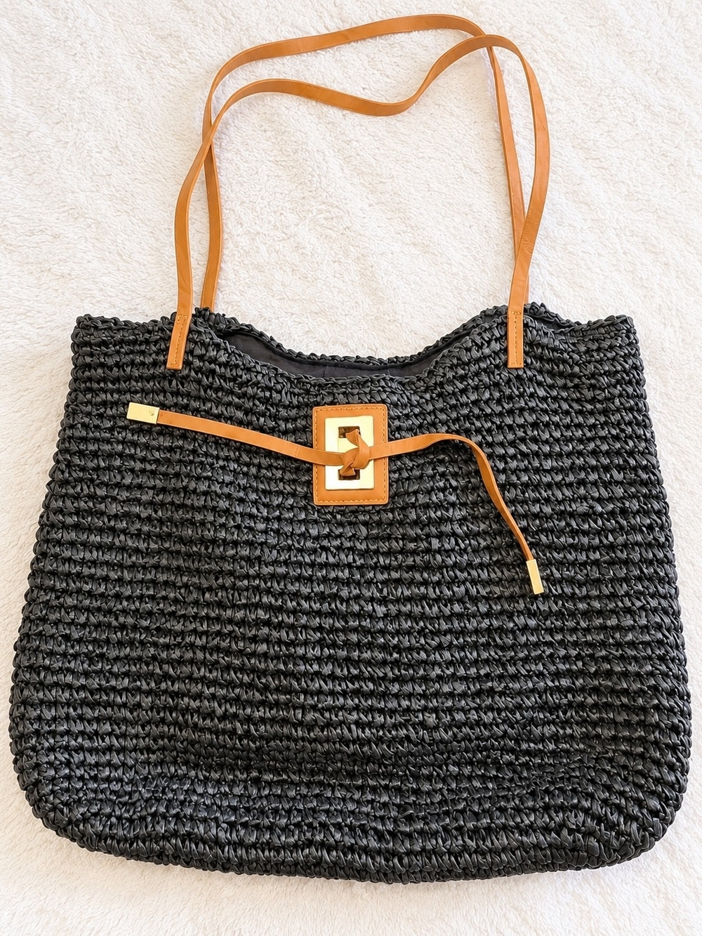 Black Woven Tote Bag Tan Straps Studio Collection Shoulder Bag